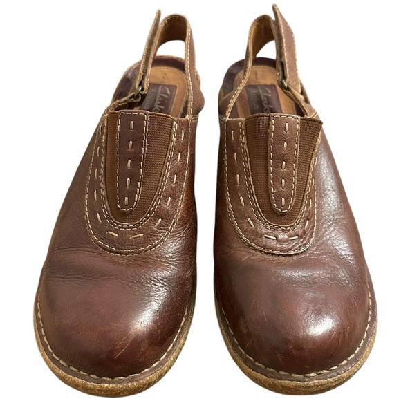 CLARKS Artisan Womens Size 8.5 Brown Leather Mule Round Toe Platform Sling - Picture 6 of 11